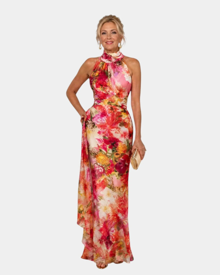 Cyanelle | Maxi-jurk met bloemenprint en halternek