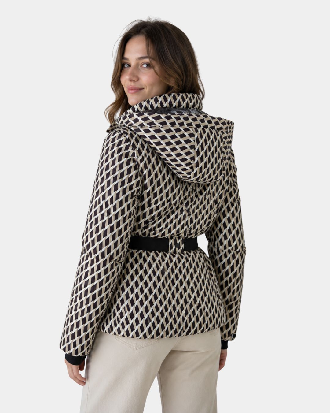 Élodiane | pufferjas met motief beige met ceintuur