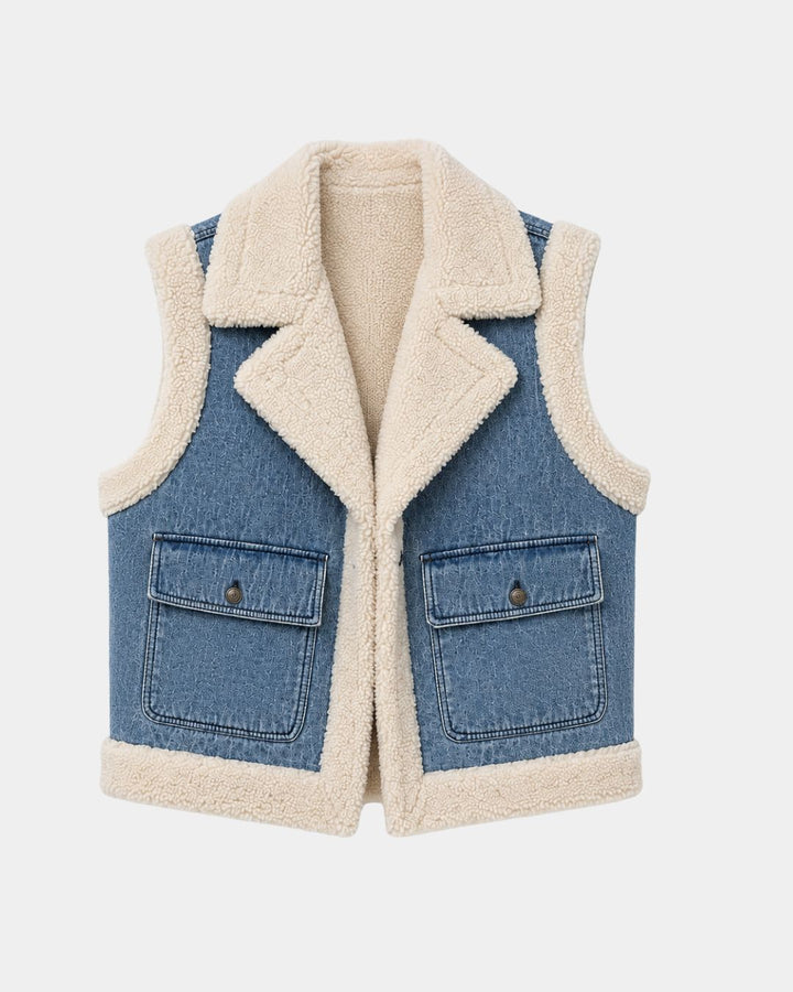 Sylianne | vintage denim gilet met (imitatie)bontvoering
