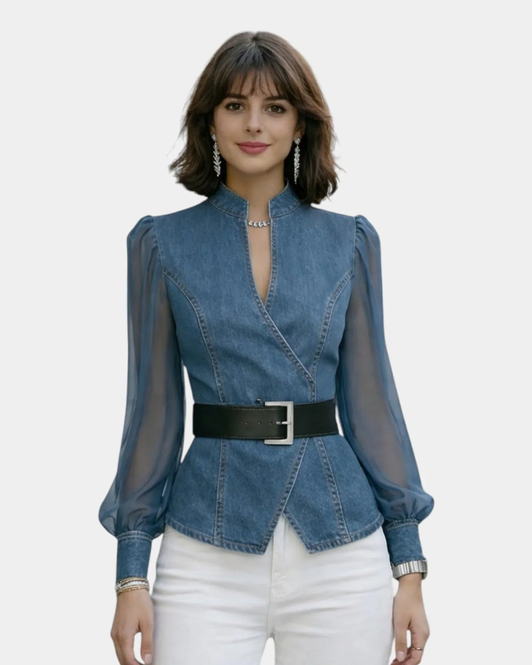 Alizée | Denim top met mouwen van lichte chiffon